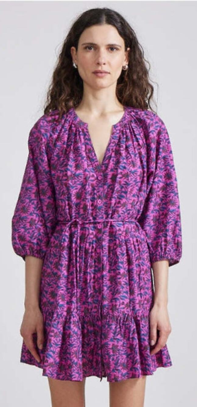 Apiece Apart Palm Floral Mini Mitte Dress Fuchsia Multi Puff Sleeves Size Small